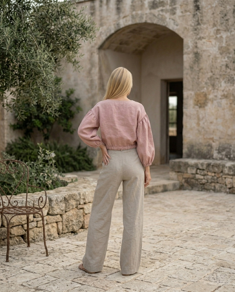 Linen Blouse – Balloon Sleeve, Cropped