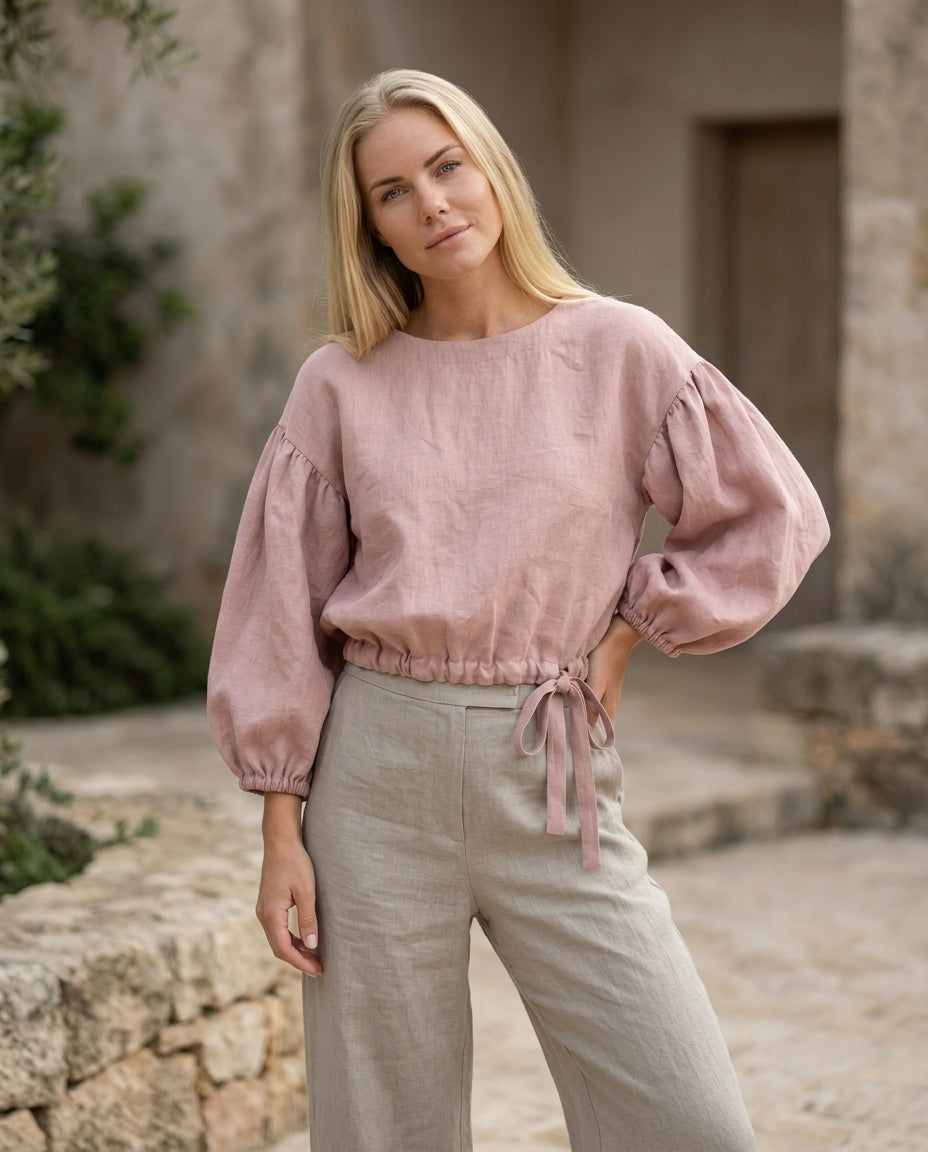 Linen Blouse – Balloon Sleeve, Cropped