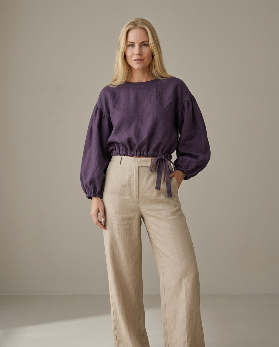 Linen Blouse – Balloon Sleeve, Cropped