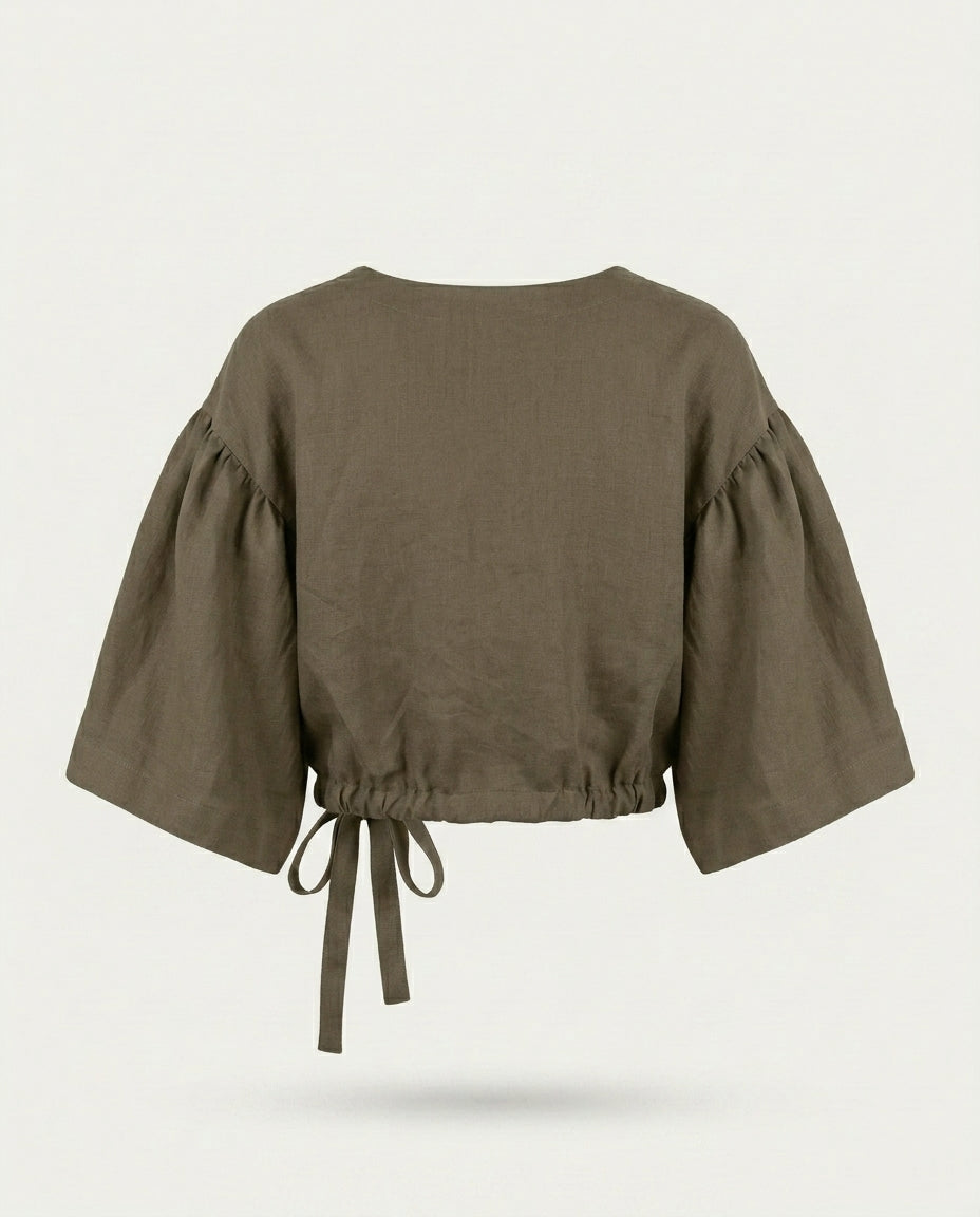 Linen Blouse – Balloon Sleeve, Cropped