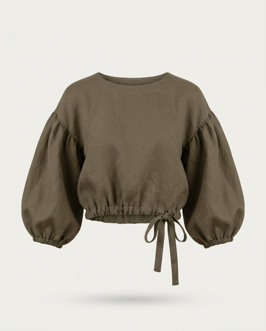 Linen Blouse – Balloon Sleeve, Cropped
