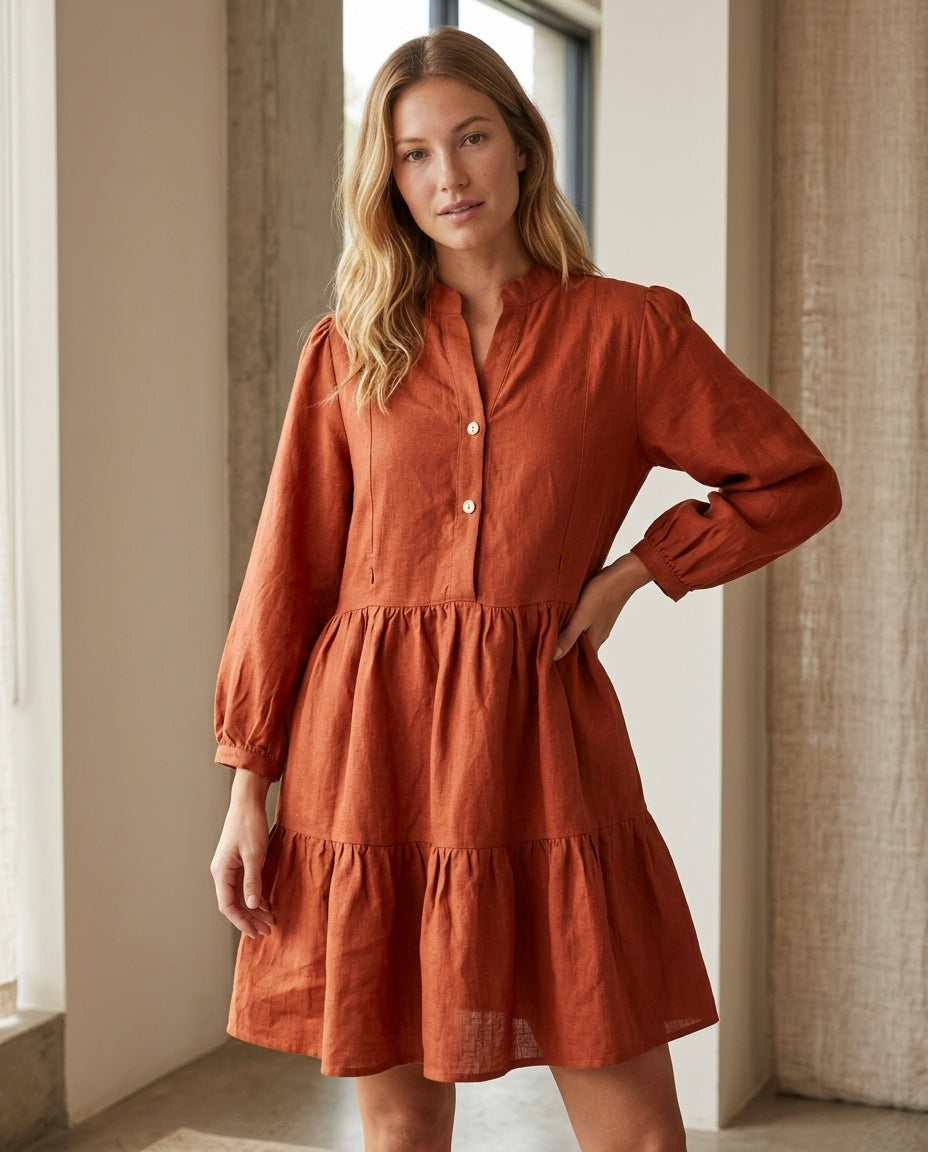 Tiered Linen Dress with Concealed Breastfeeding-Friendly Zipper