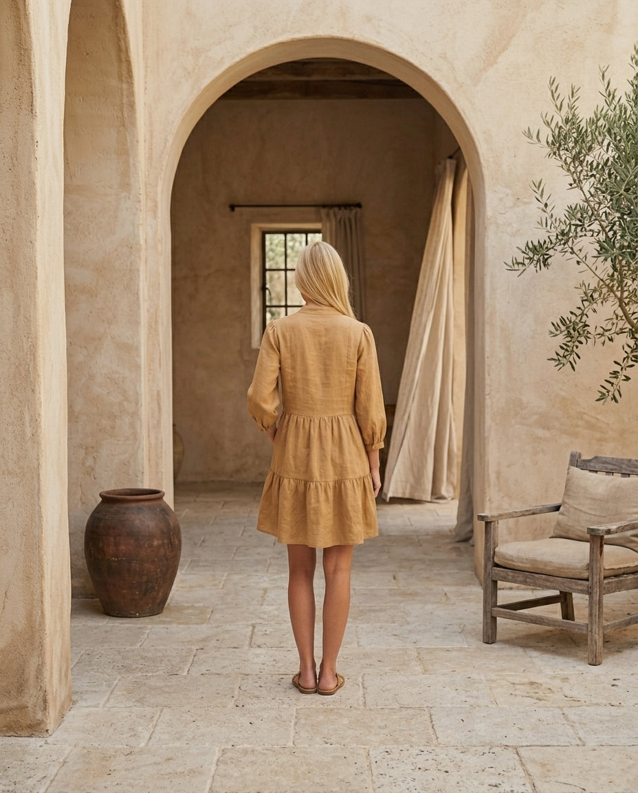 Tiered Linen Dress with Concealed Breastfeeding-Friendly Zipper