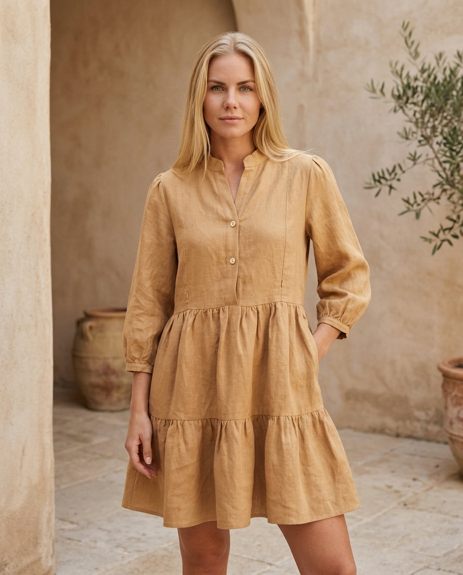 Tiered Linen Dress with Concealed Breastfeeding-Friendly Zipper
