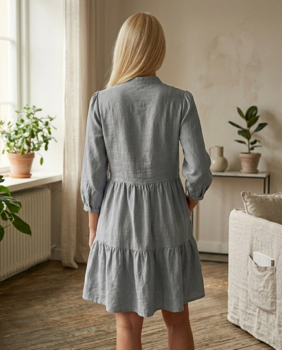 Tiered Linen Dress with Concealed Breastfeeding-Friendly Zipper