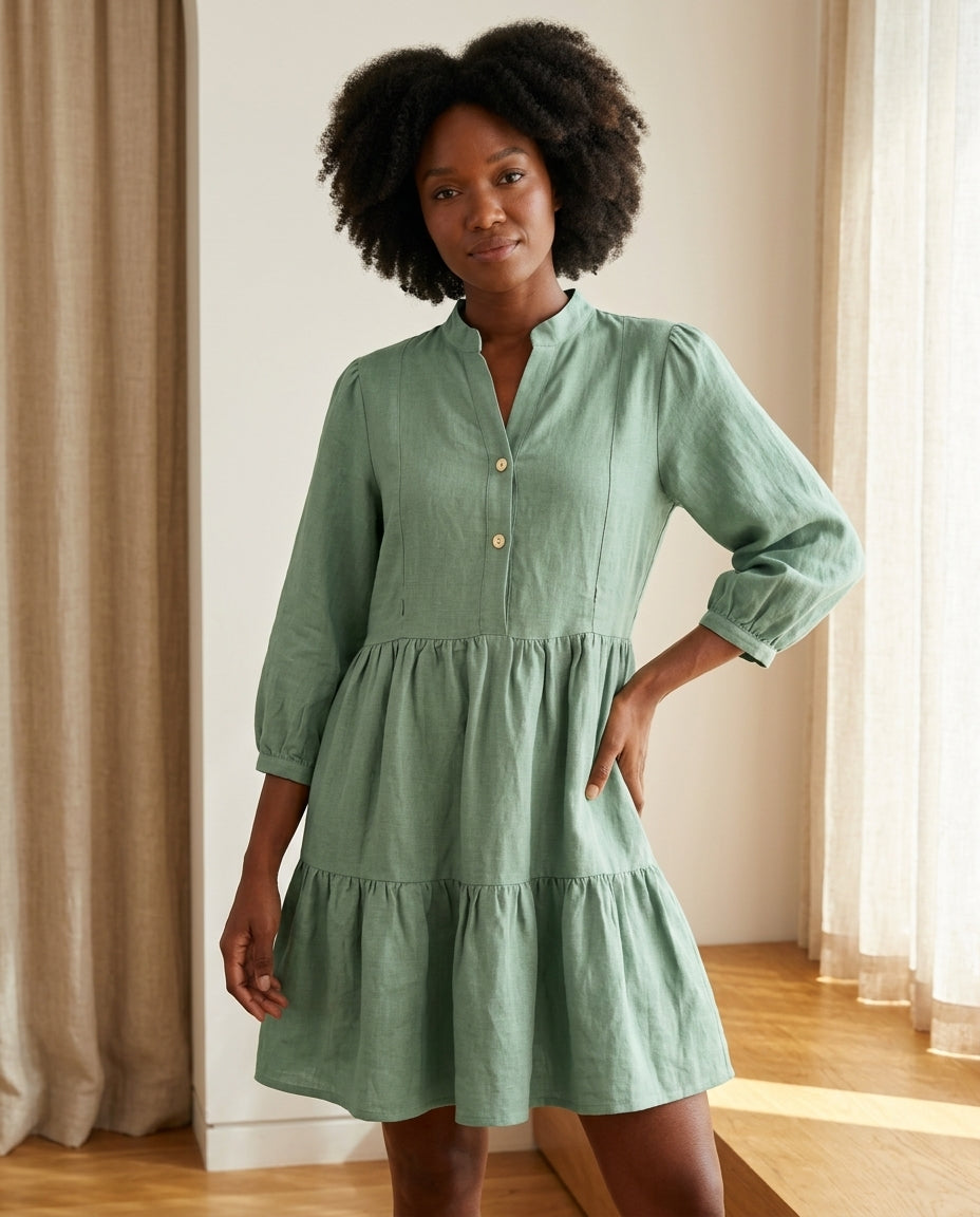 Tiered Linen Dress with Concealed Breastfeeding-Friendly Zipper