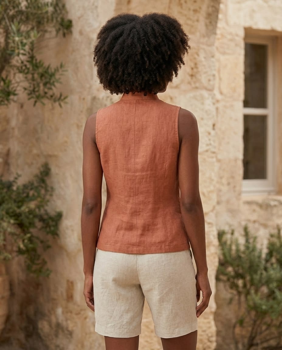 Sleeveless Windowpane Linen Shirt