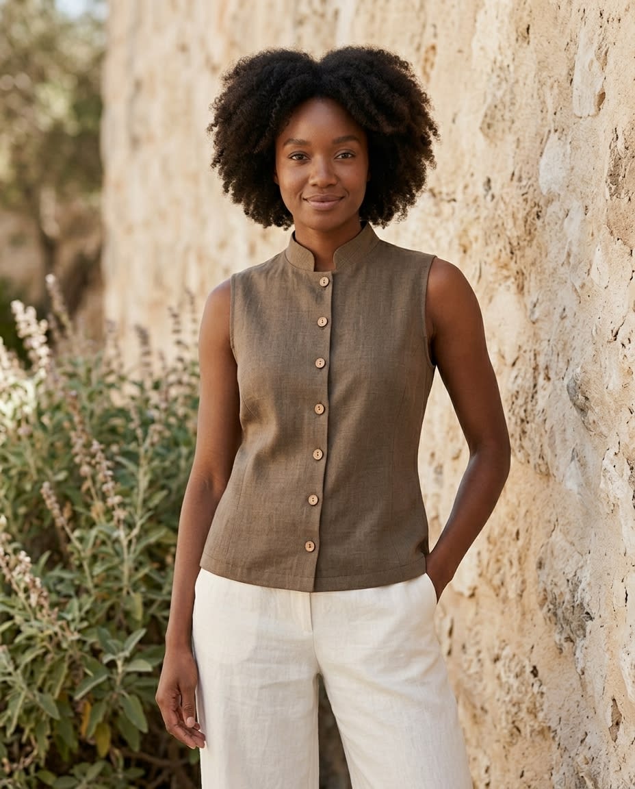 Sleeveless Windowpane Linen Shirt