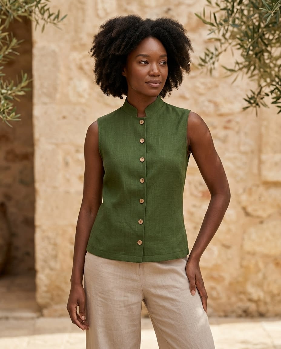 Sleeveless Windowpane Linen Shirt