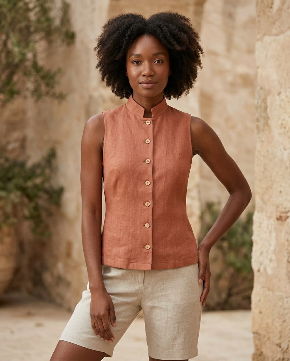 Sleeveless Windowpane Linen Shirt