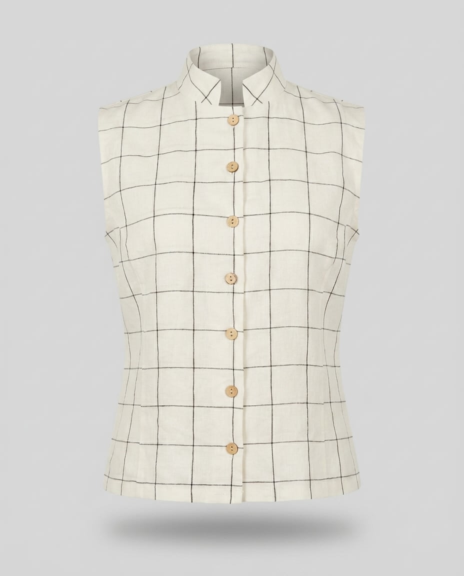 Sleeveless Windowpane Linen Shirt