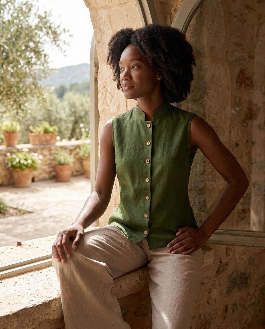 Sleeveless Windowpane Linen Shirt