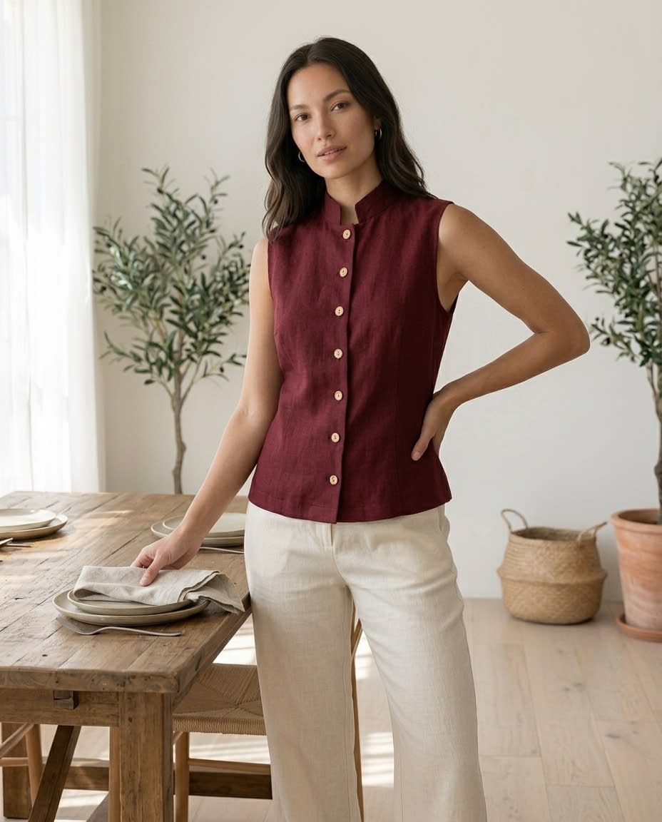 Sleeveless Windowpane Linen Shirt