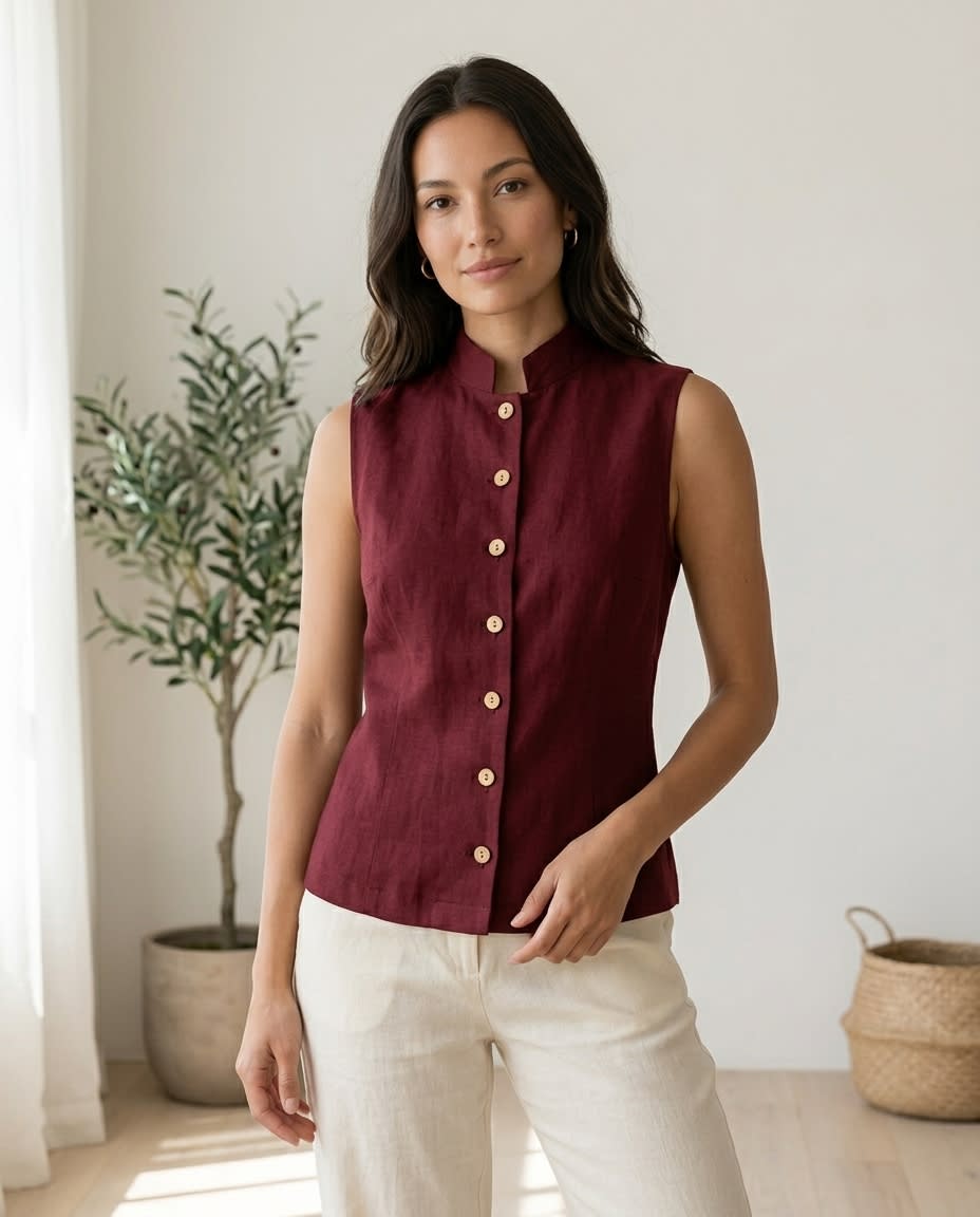 Sleeveless Windowpane Linen Shirt