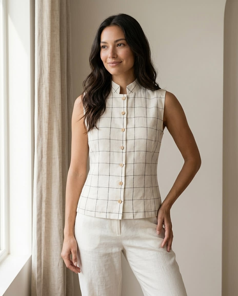 Sleeveless Windowpane Linen Shirt