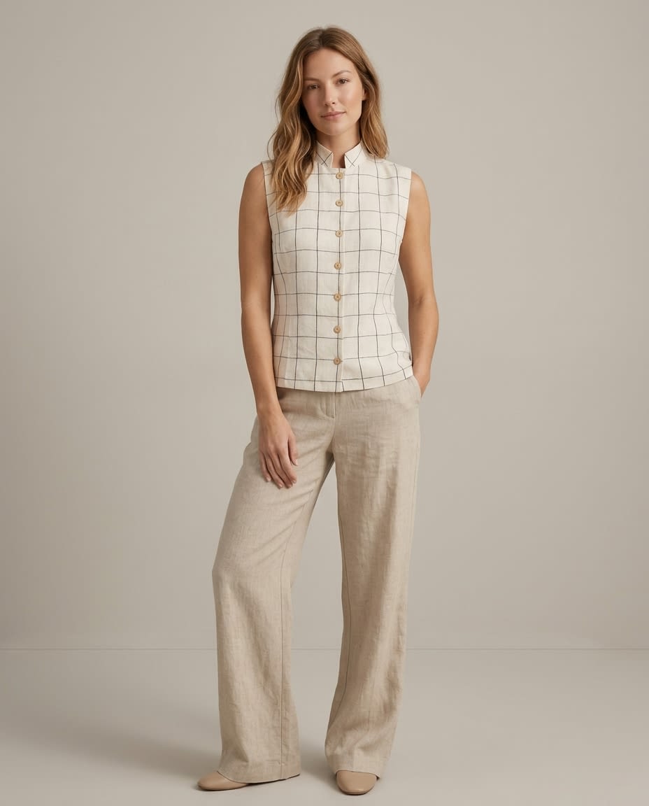 Sleeveless Windowpane Linen Shirt