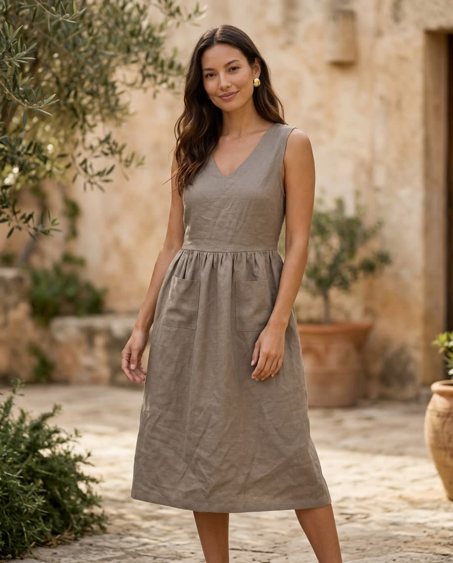 Sleeveless Gathered Linen Midi Dress