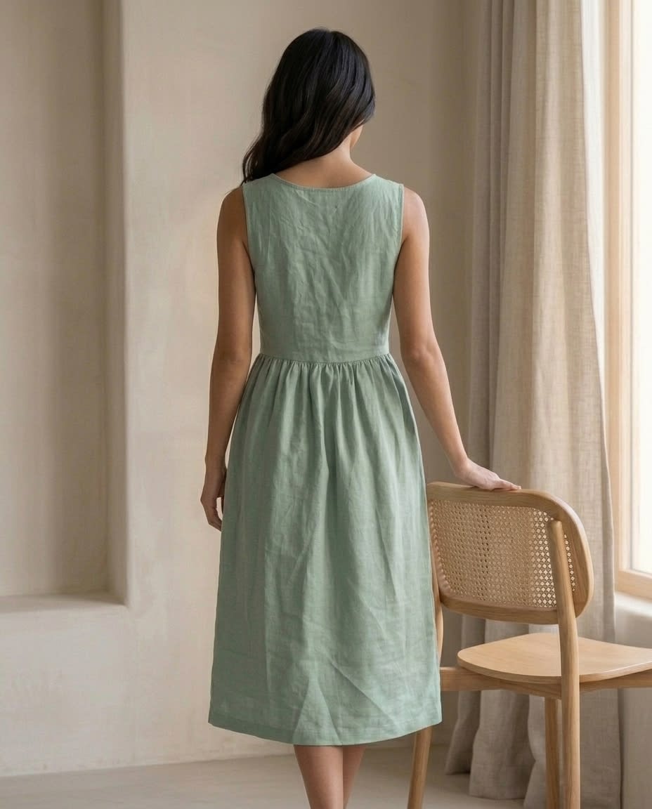 Sleeveless Gathered Linen Midi Dress