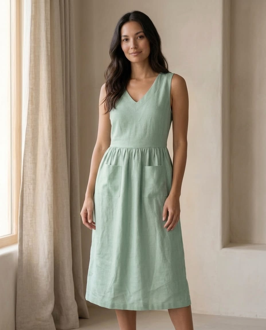 Sleeveless Gathered Linen Midi Dress