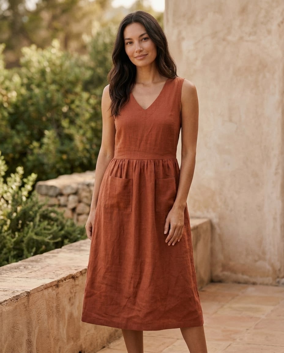 Sleeveless Gathered Linen Midi Dress