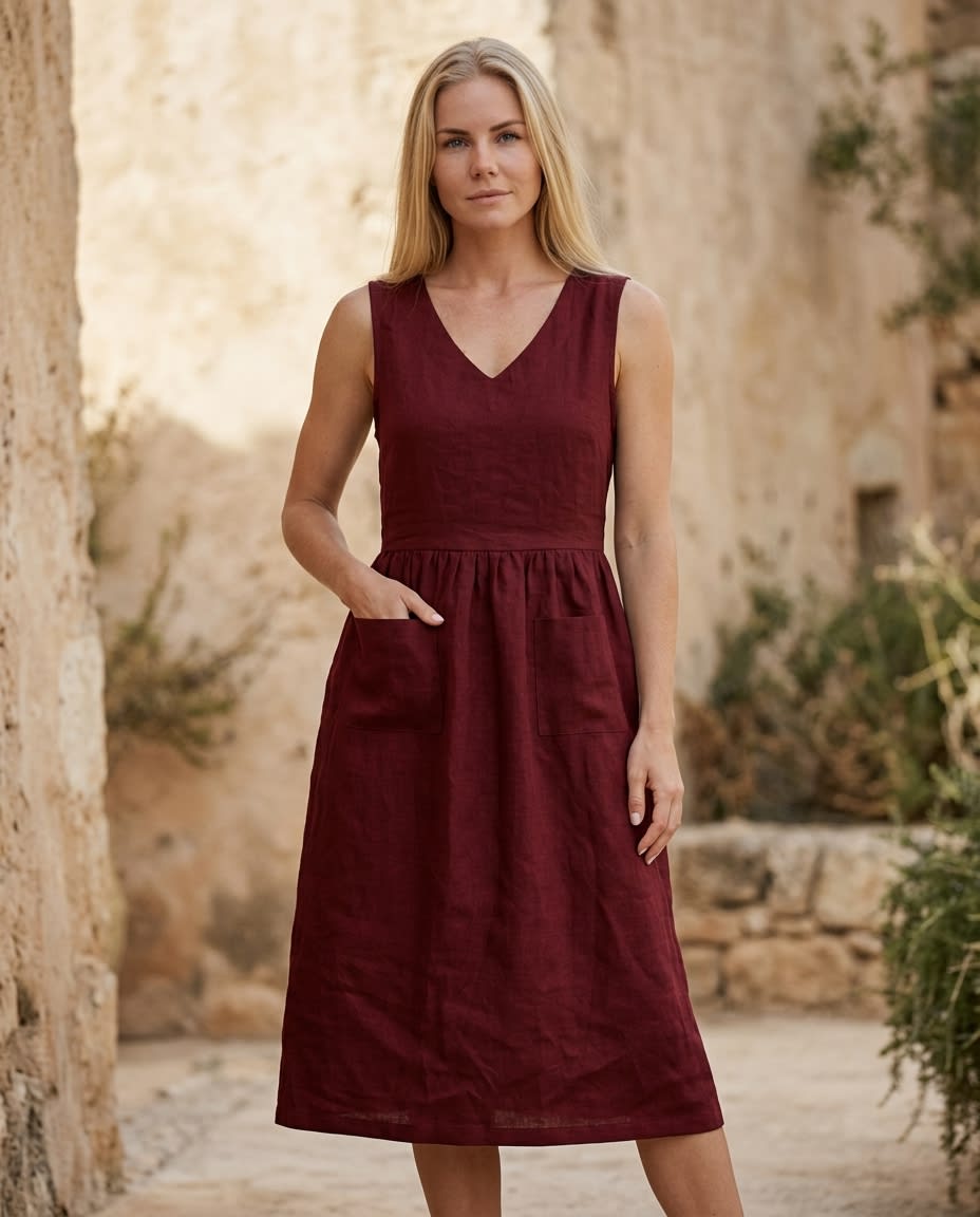 Sleeveless Gathered Linen Midi Dress
