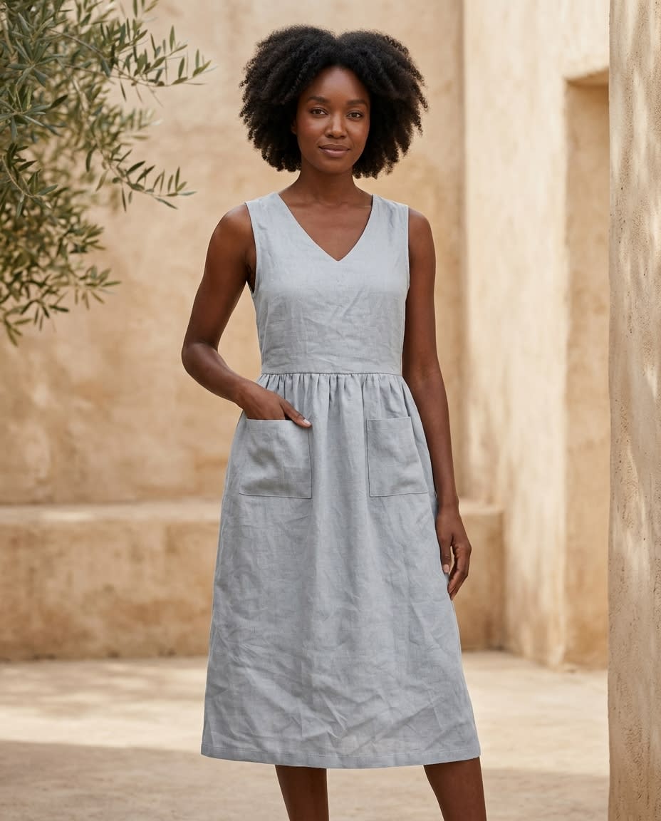 Sleeveless Gathered Linen Midi Dress