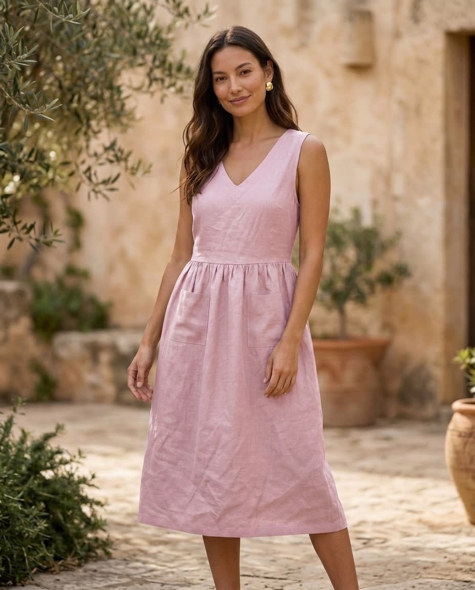 Sleeveless Gathered Linen Midi Dress