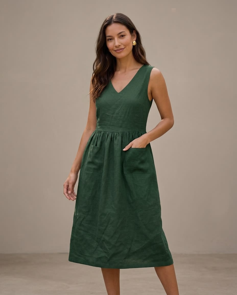 Sleeveless Gathered Linen Midi Dress