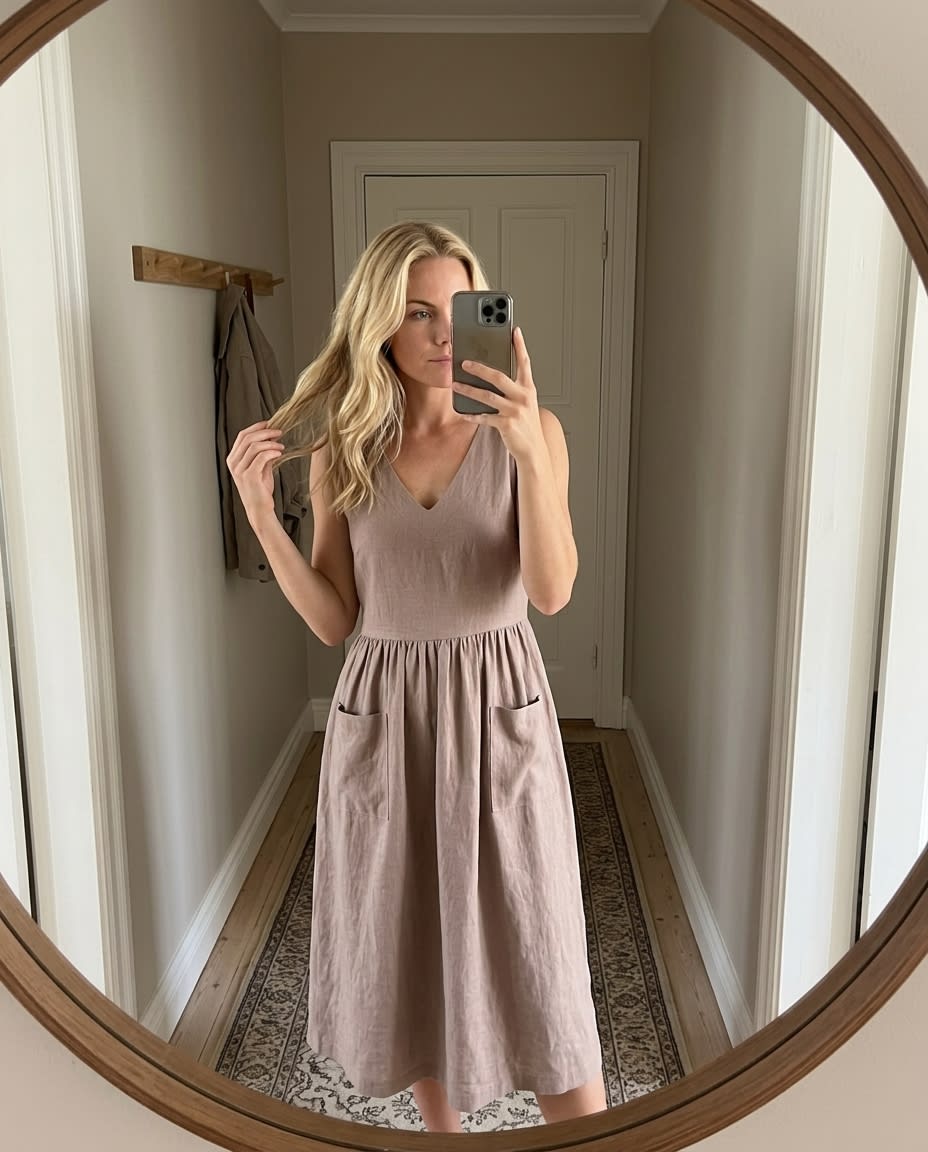 Sleeveless Gathered Linen Midi Dress