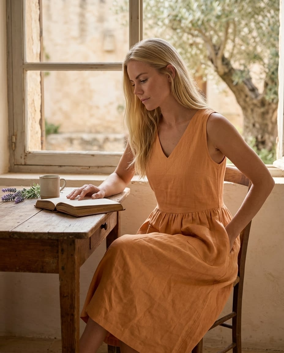 Sleeveless Gathered Linen Midi Dress