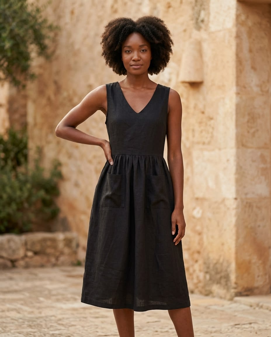 Sleeveless Gathered Linen Midi Dress