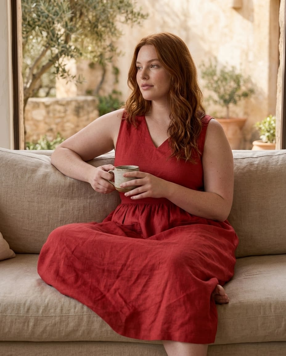 Sleeveless Gathered Linen Midi Dress