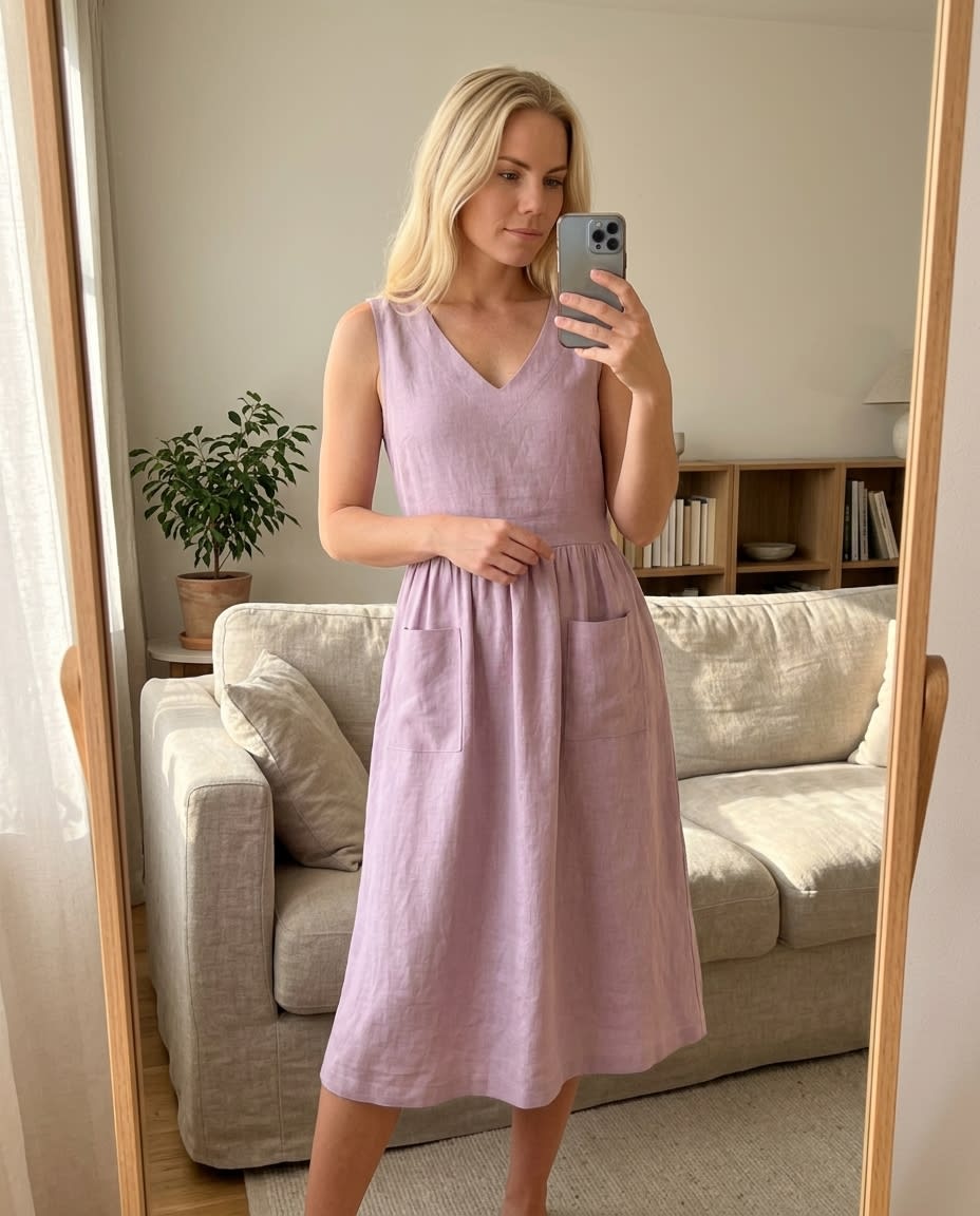 Sleeveless Gathered Linen Midi Dress