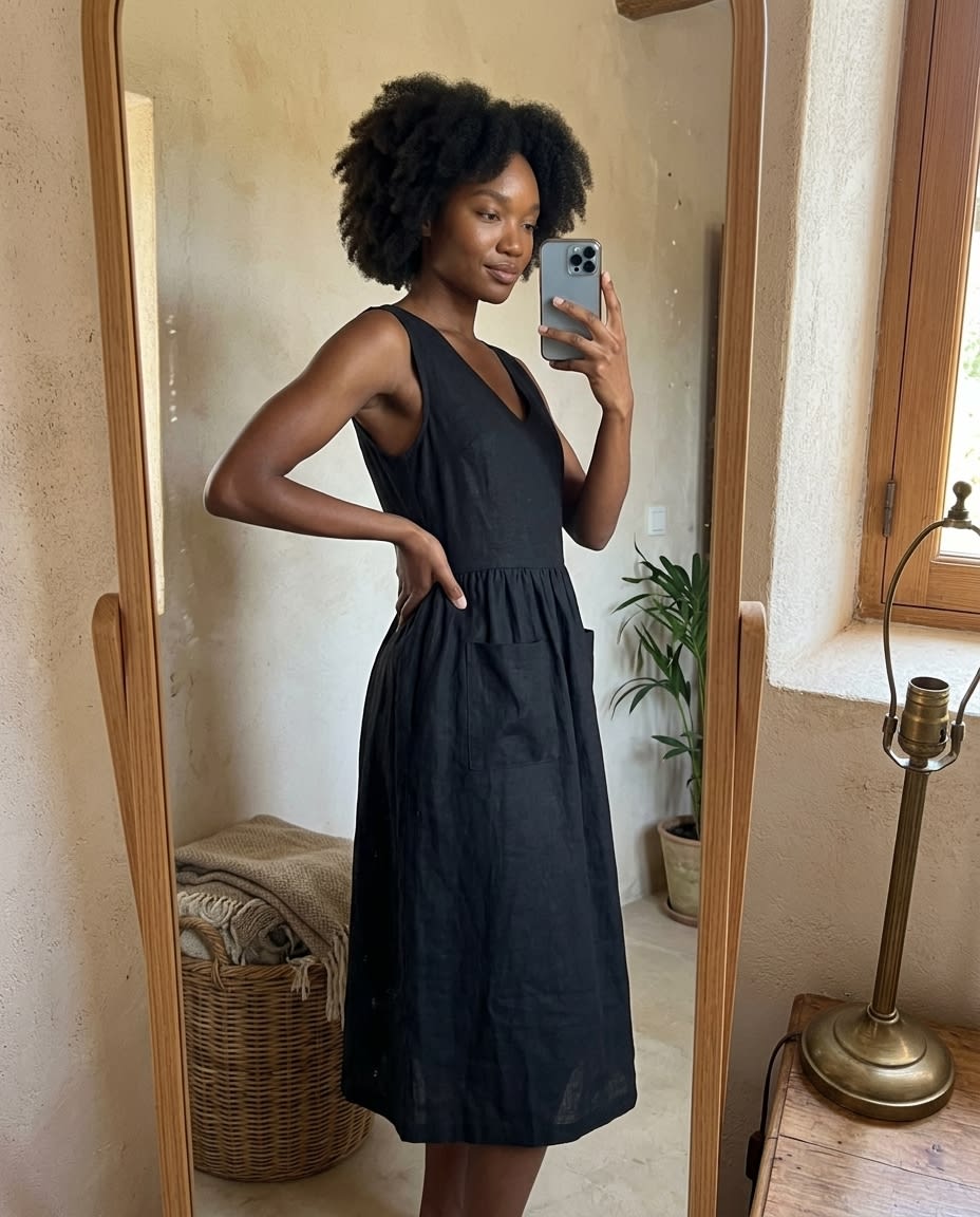Sleeveless Gathered Linen Midi Dress