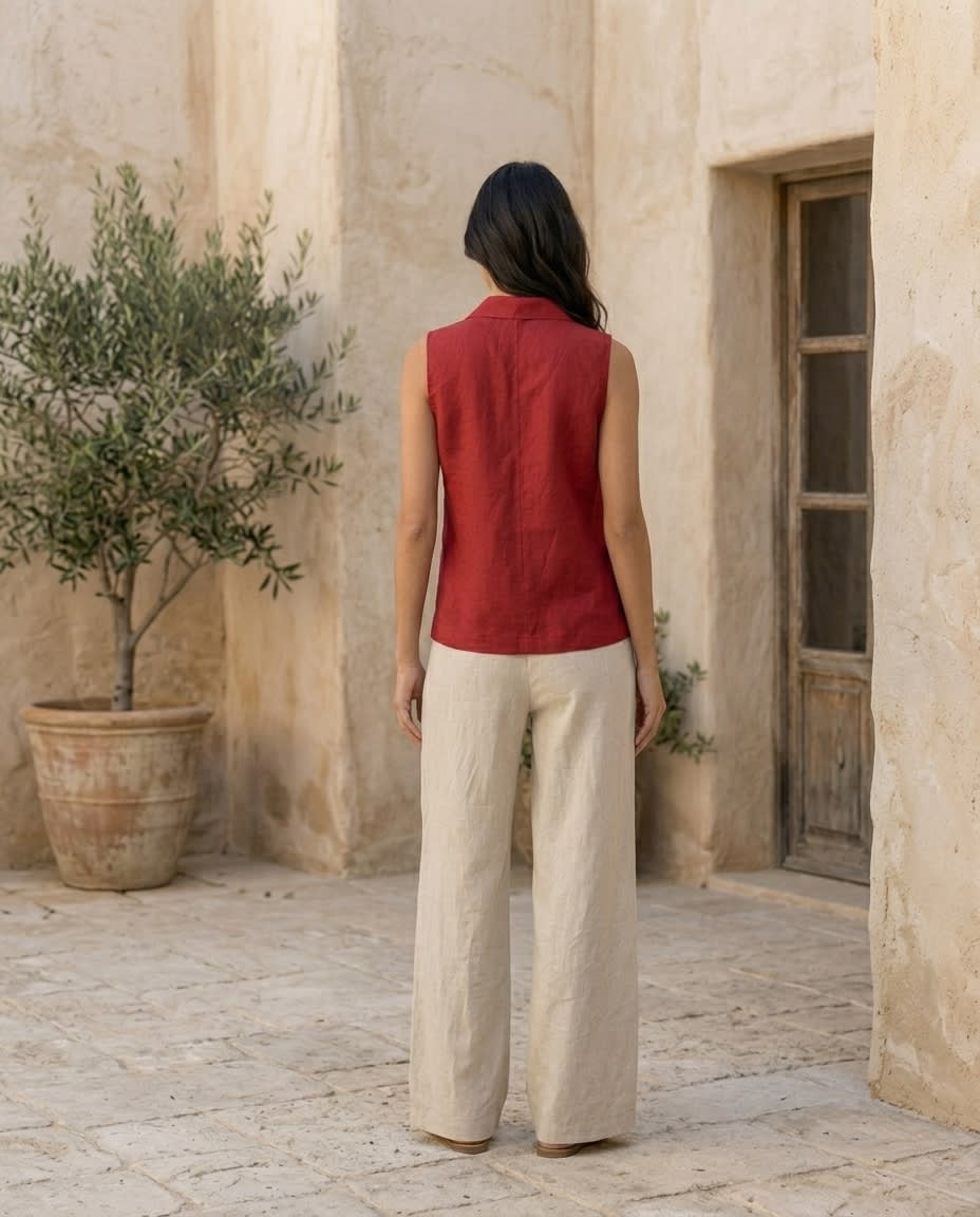 Sleeveless Notched-Collar Linen Vest