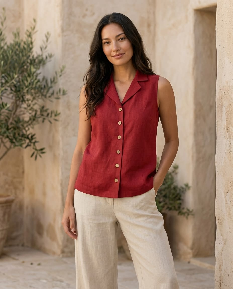 Sleeveless Notched-Collar Linen Vest