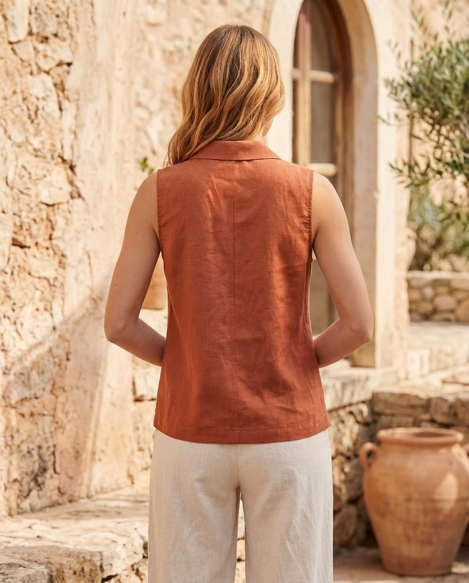 Sleeveless Notched-Collar Linen Vest