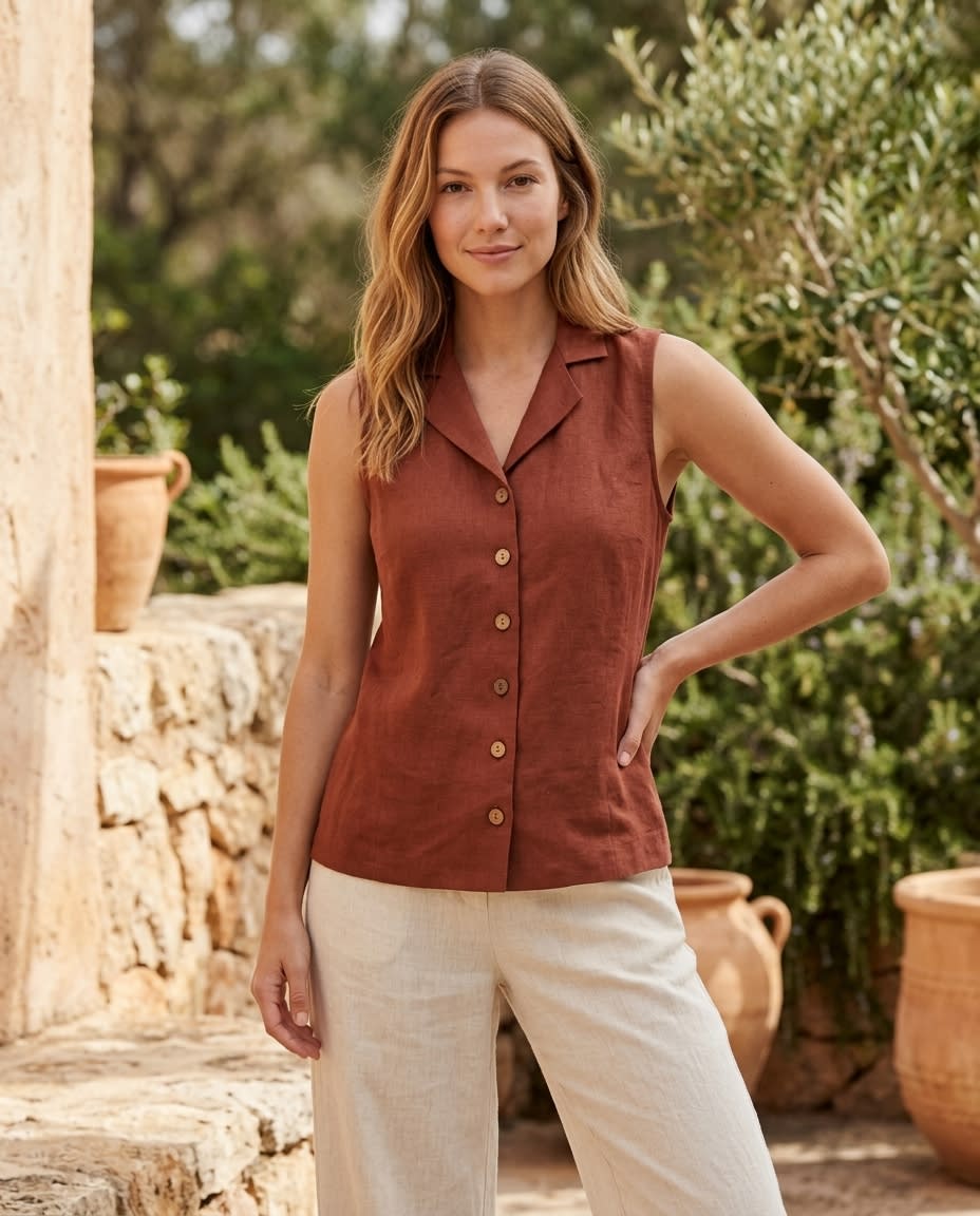 Sleeveless Notched-Collar Linen Vest