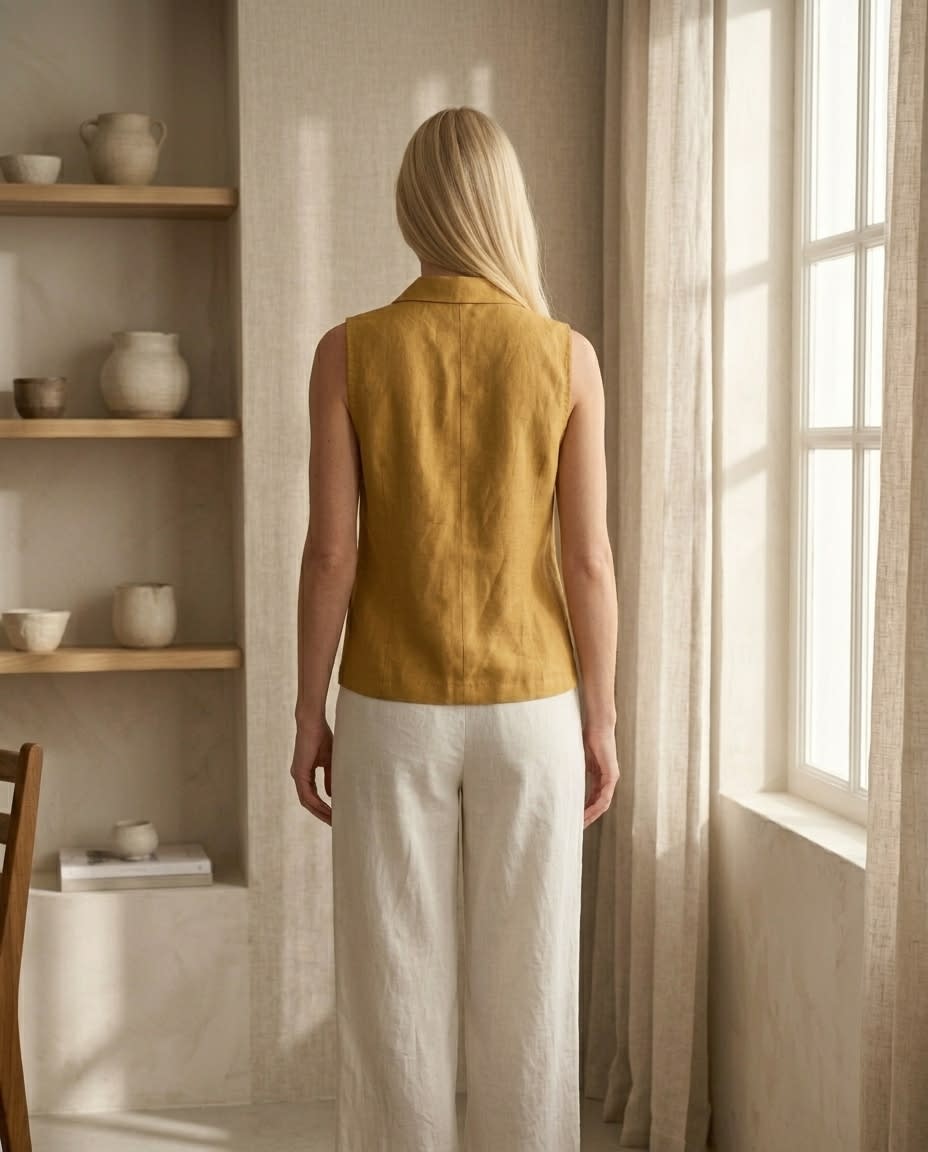 Sleeveless Notched-Collar Linen Vest