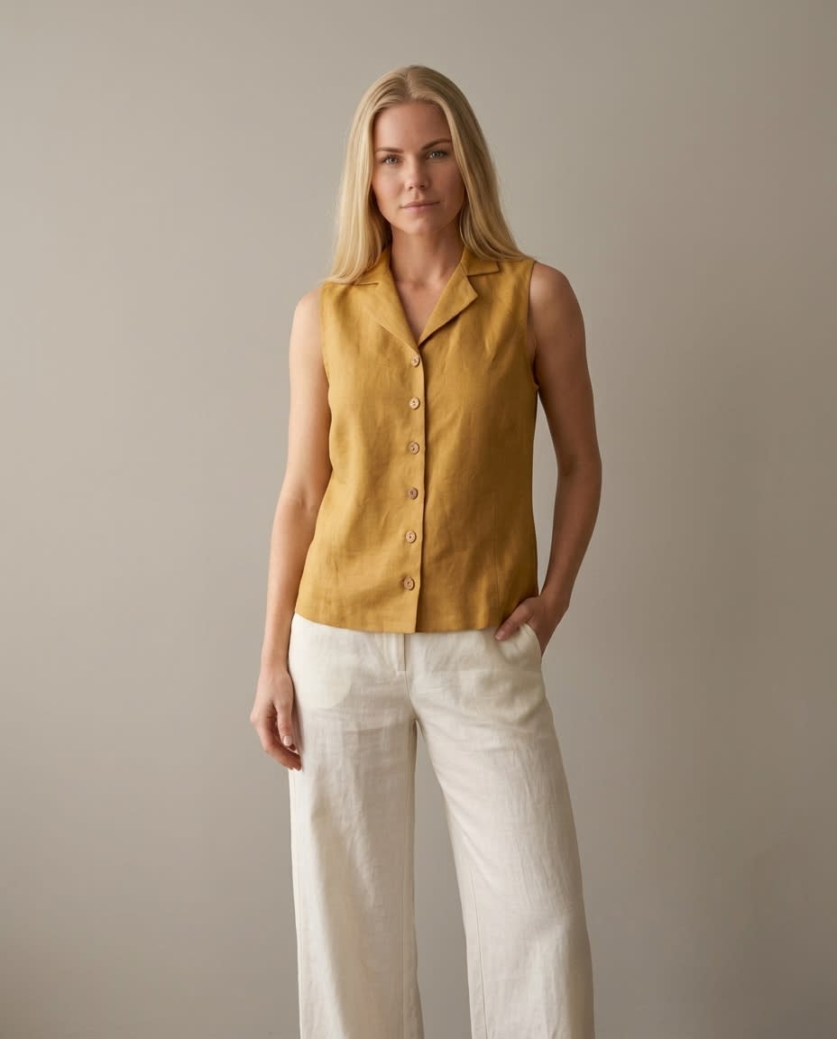 Sleeveless Notched-Collar Linen Vest