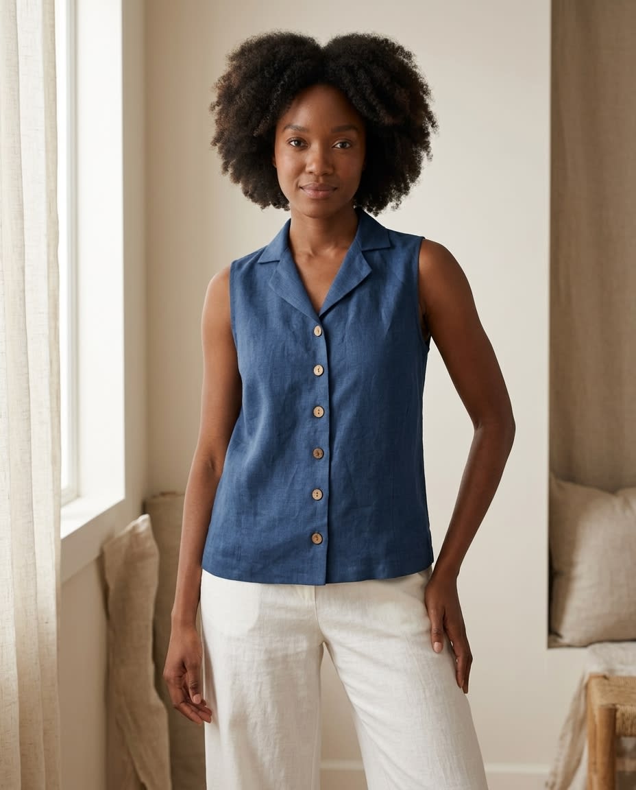 Sleeveless Notched-Collar Linen Vest