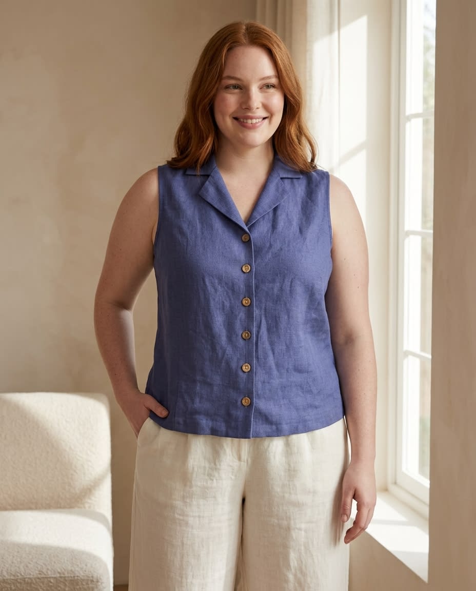 Sleeveless Notched-Collar Linen Vest