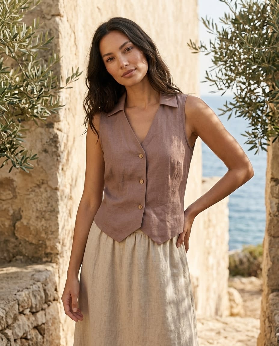 Collared Linen Waistcoat Vest