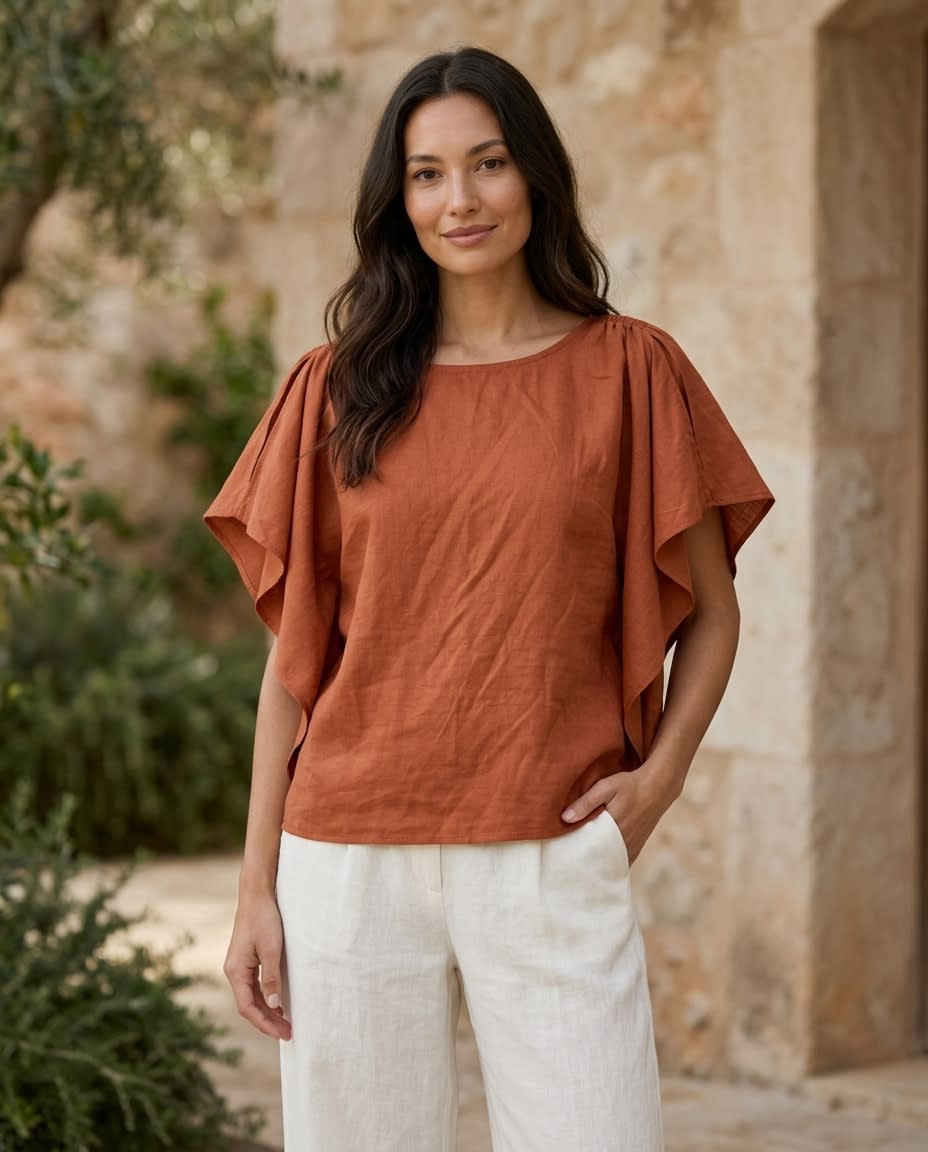 Ruffle-Sleeve Gathered Linen Blouse