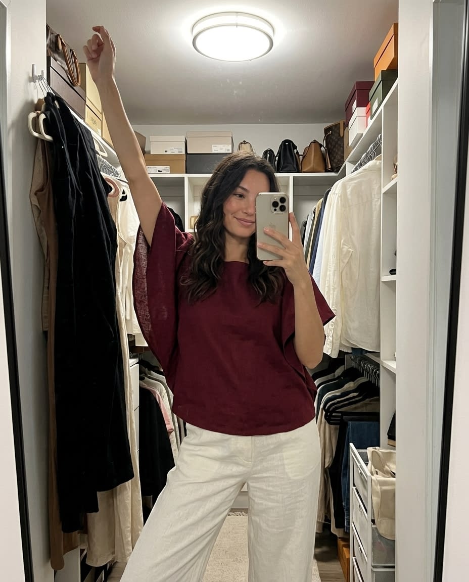 Ruffle-Sleeve Gathered Linen Blouse