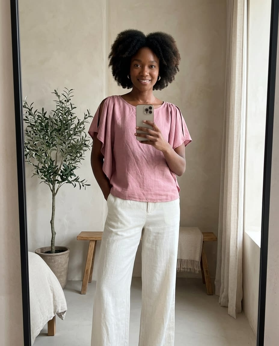 Ruffle-Sleeve Gathered Linen Blouse