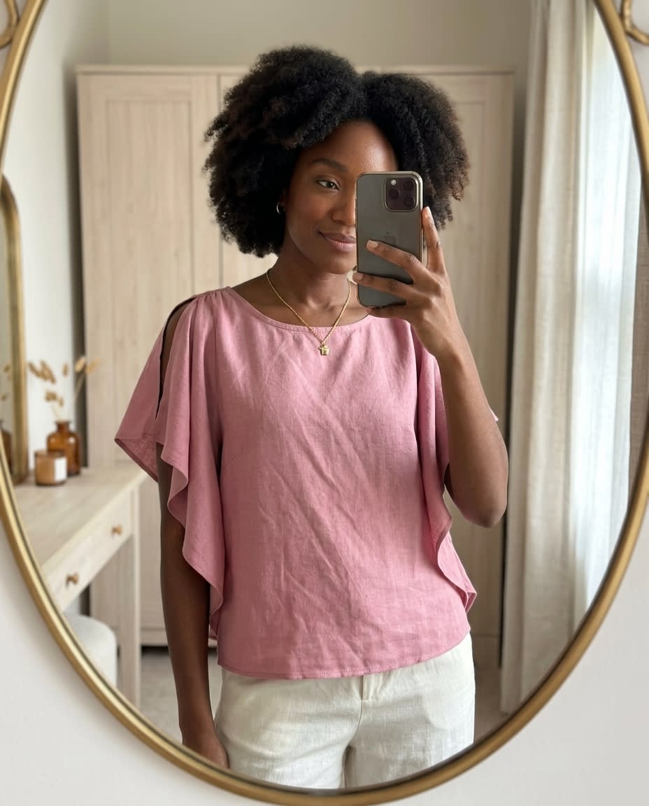 Ruffle-Sleeve Gathered Linen Blouse