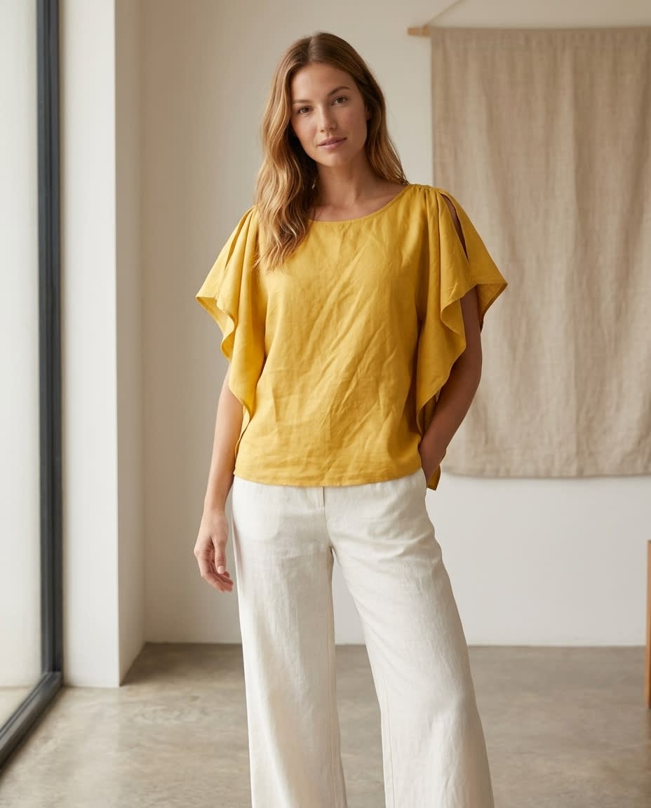Ruffle-Sleeve Gathered Linen Blouse
