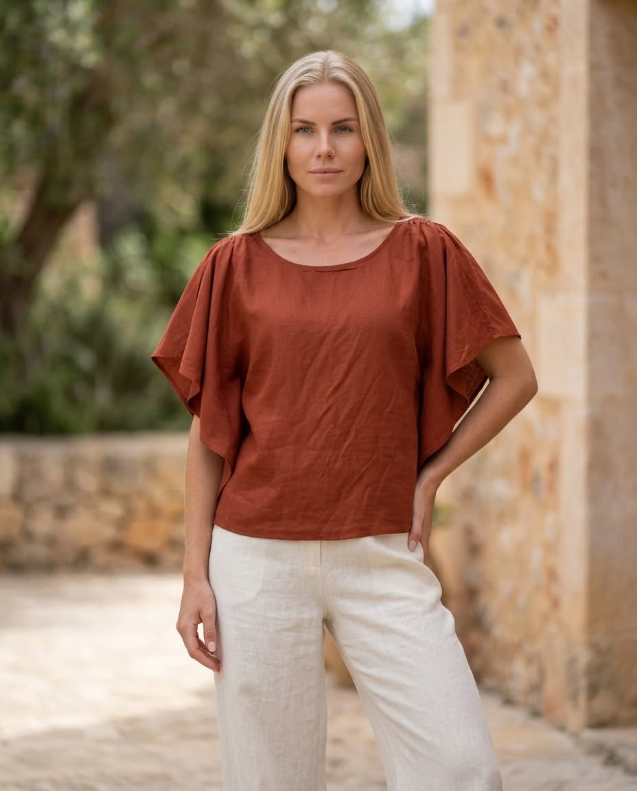 Ruffle-Sleeve Gathered Linen Blouse