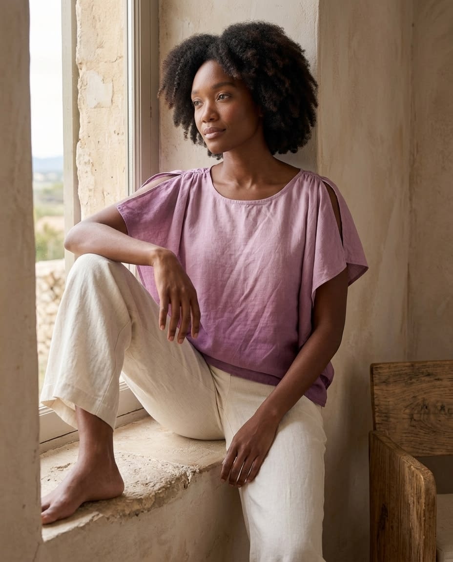 Ruffle-Sleeve Gathered Linen Blouse